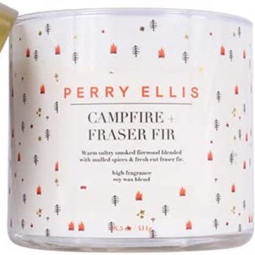 Perry Ellis CAMPFIRE & FRASER FIR 14.5oz candle 60 hour burn time